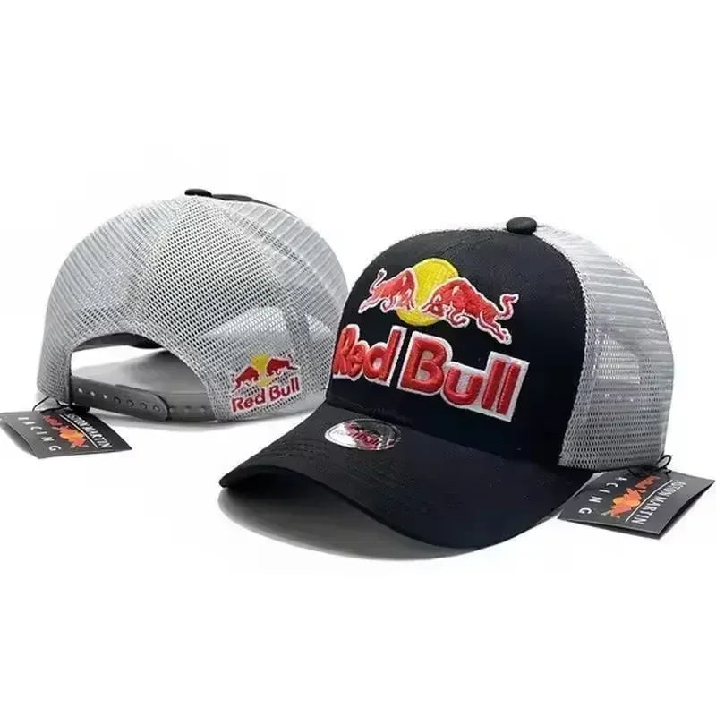 Black and light gray mesh baseball cap with Red Bull logo patch