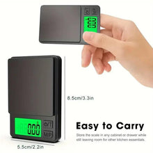 Digital pocket scale with green backlit display and control buttons in hand