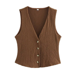 EDSA Women 2 Pcs Set V-Neck Single Breasted Solid Texture Casual Vest Top+High-Waisted Drawstring Wide Leg Pants