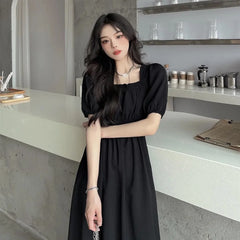 فستان نسائي صيفي من Faion بياقة مربعة من Sweet Retro Dr Tea Break First Love Long Bla Dr Waist Cinched