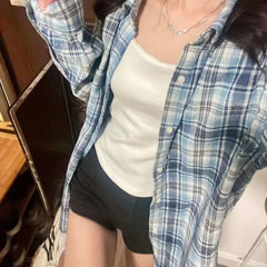2024 New Blue Plaid irt Jaet Women's Loose Casual Meat Covering Middle Length irt Outerwear Trendy Forest System
