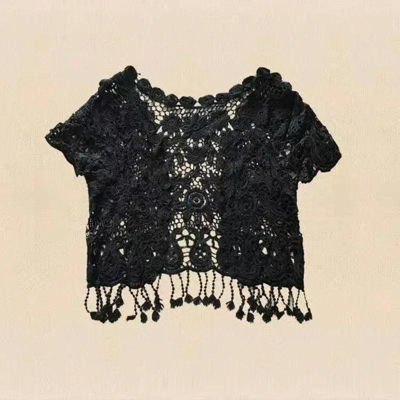 Black lace short-sleeve bridal shrug bolero with scalloped neckline and tassel fringe hem