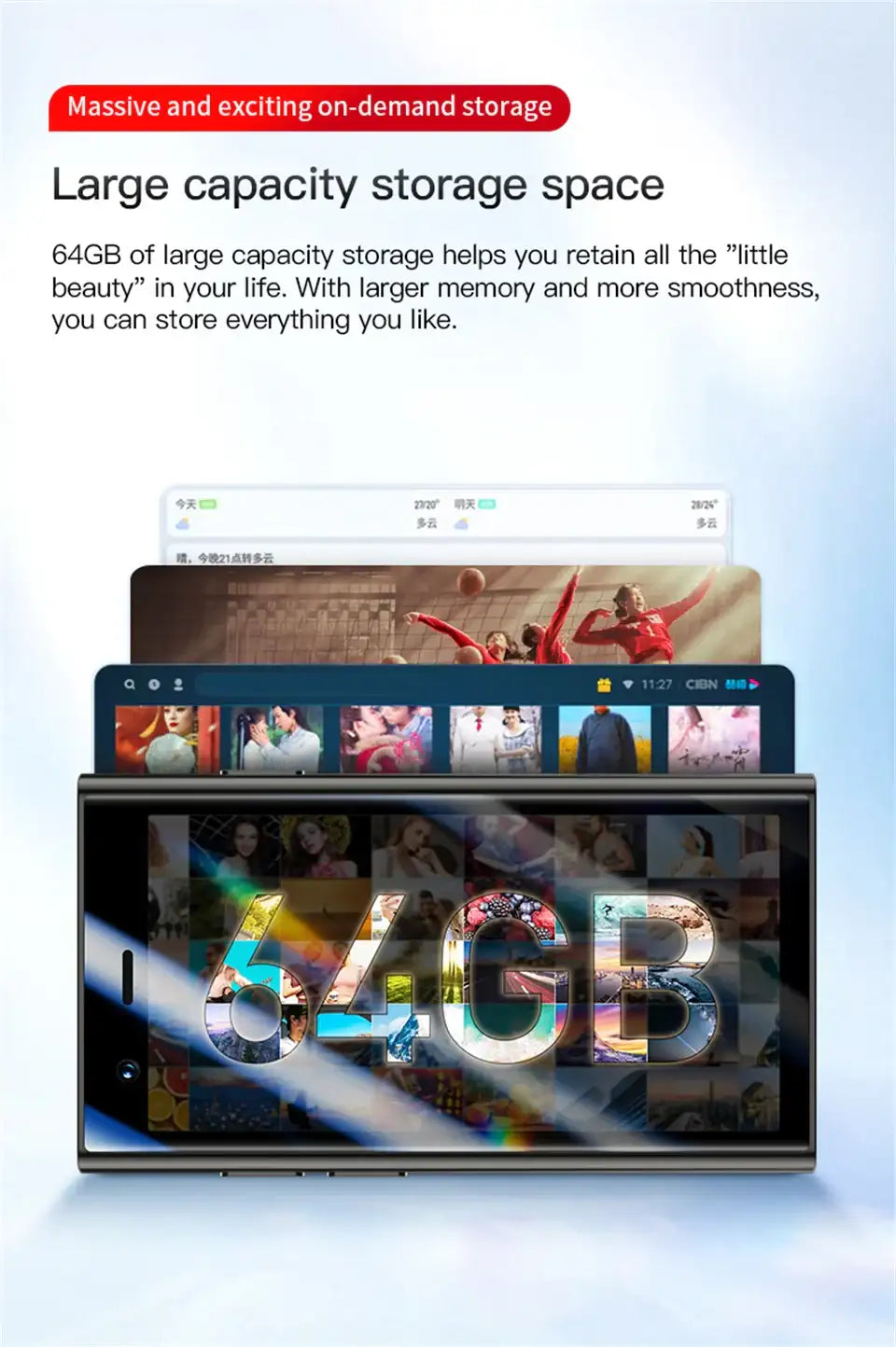 SOYES S24 Pro Max mini smartphone front view showing large capacity 64GB storage promotional graphic with stacked app screens