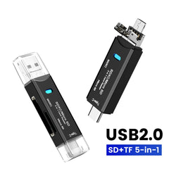 قارئ بطاقات Olaf 5 في 1 Otg Type C قارئ بطاقات Micro Sd محرك أقراص فلاش قارئ بطاقات الذاكرة الذكية USB 2.0 Tf Cf محول قارئ البطاقات