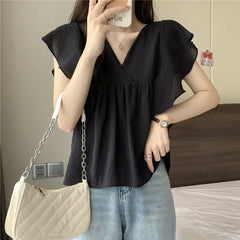 Ele Summer New Sle Women's irt Beautiful Soft Korean Sweet Fly Sve V-ne Top Polyester Fiber Casual Faion