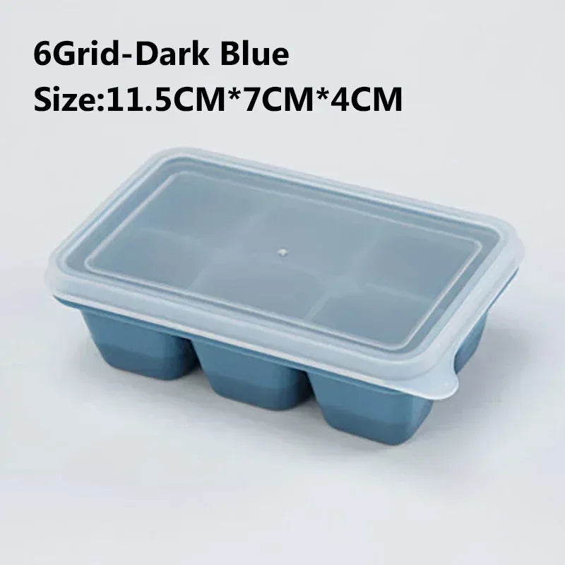Dark blue 6-grid silicone ice cube tray mold with rectangular compartments