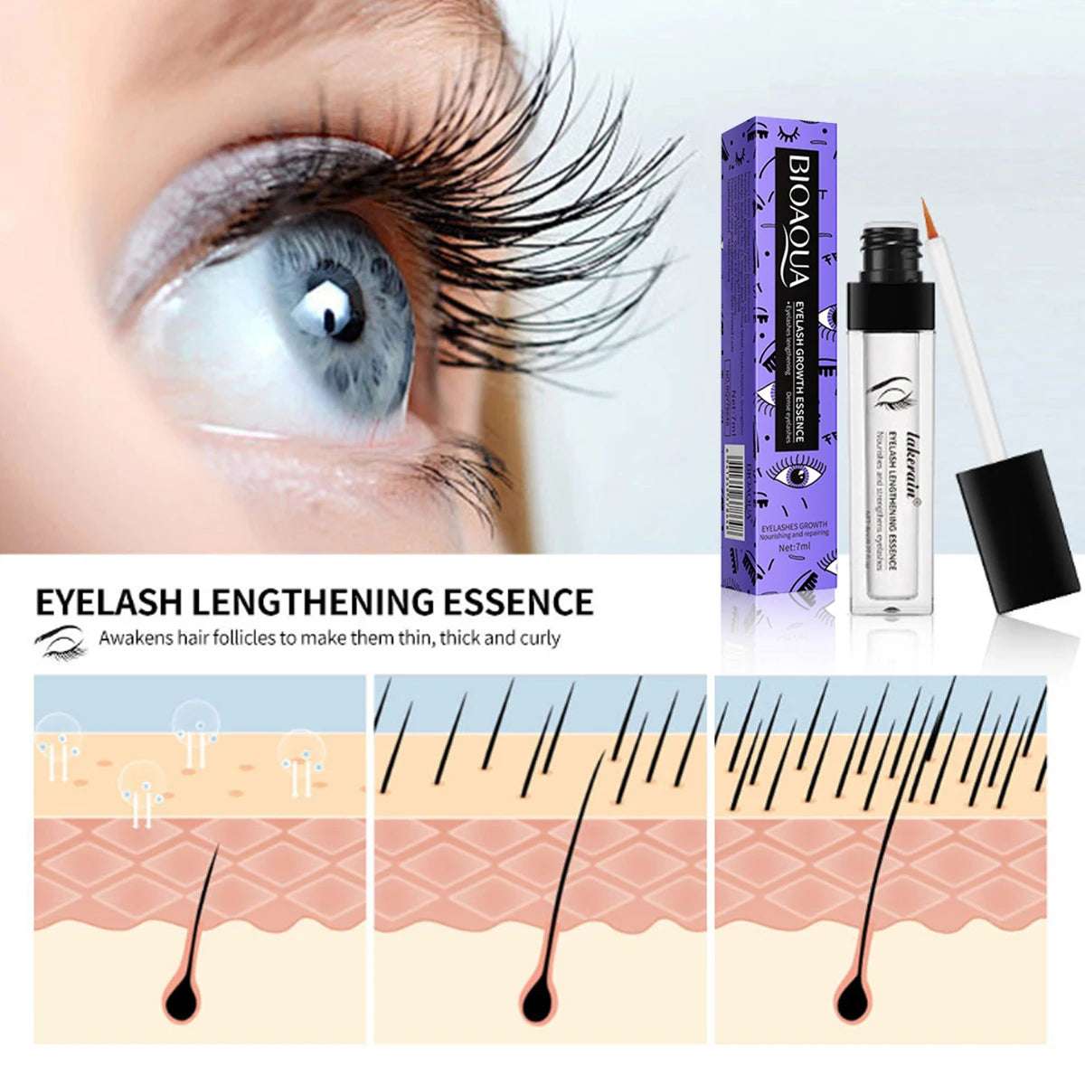 Eyelash Growth essence contains natural formula to nourish, strengthen and repair the thickness of eyelash root 7ml