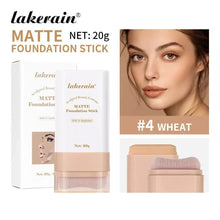 Matte foundation stick, shade #4 wheat; beige-tan stick with matte packaging and swatch.