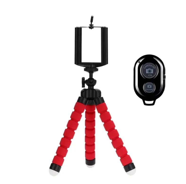 Red mini phone tripod with phone clamp and wireless remote control