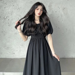 فستان نسائي صيفي من Faion بياقة مربعة من Sweet Retro Dr Tea Break First Love Long Bla Dr Waist Cinched