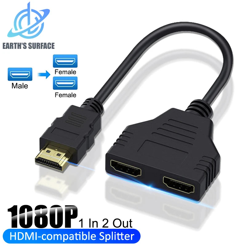 كابل موزع متوافق مع HDMI بمنفذين، بدقة 1080 بكسل، محول موزع Y لشاشة الكمبيوتر المحمول وصندوق التلفزيون