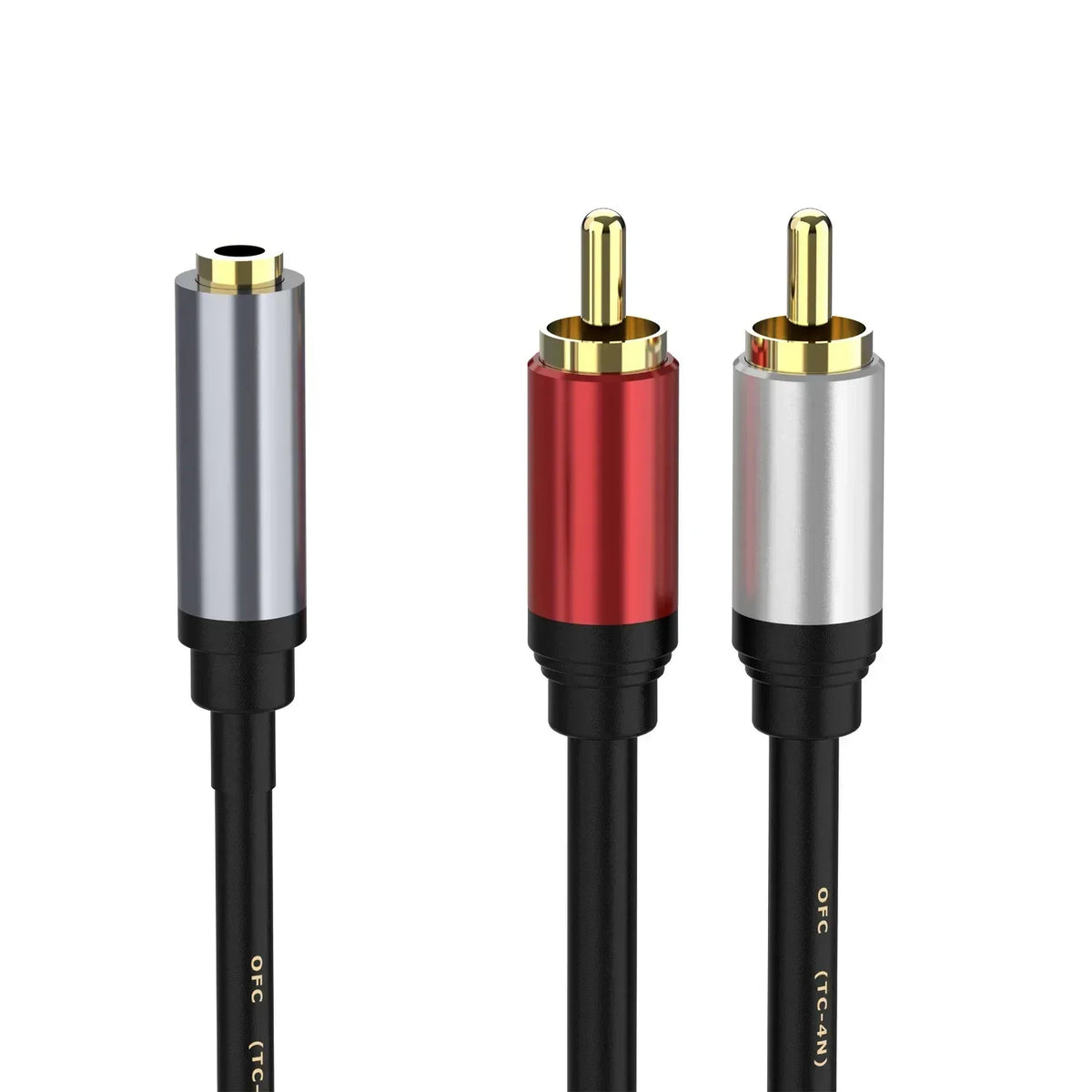 3.5mm plug with two RCA male connectors, red and silver housings on gold-tipped cables