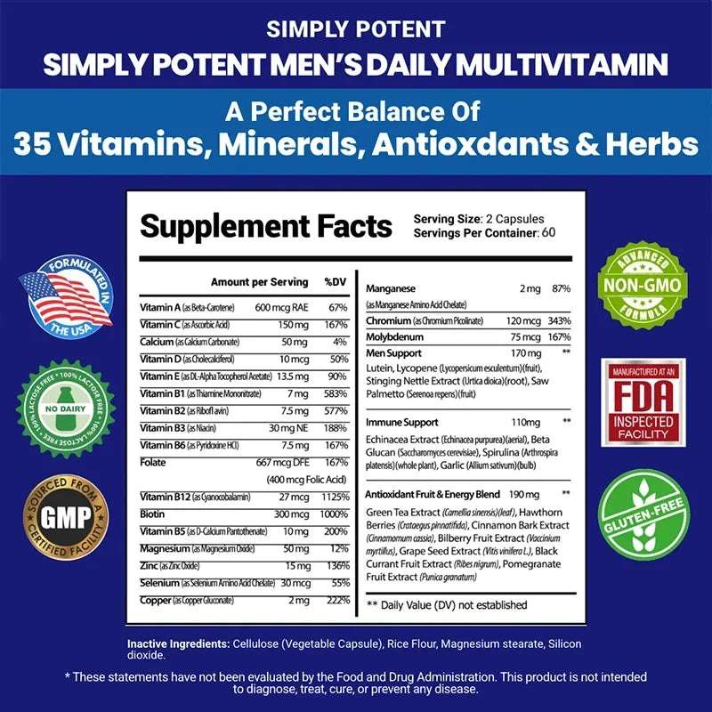 Daily Multivitamin for Men, for Prostate Energy Concentration Metabolism Immunity Vitamins: A C D E (B1 B2 B3 B5 B6 B7 B9 B12)