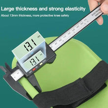 Light green knee pad with black elastic strap and thickness ruler