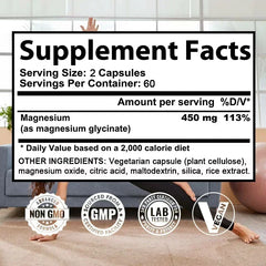 Magnesium Glycinate, Muscle & Nerve Health, Enzyme Function, Non-GMO, Vegetarian, Gluten-Free 450 Mg