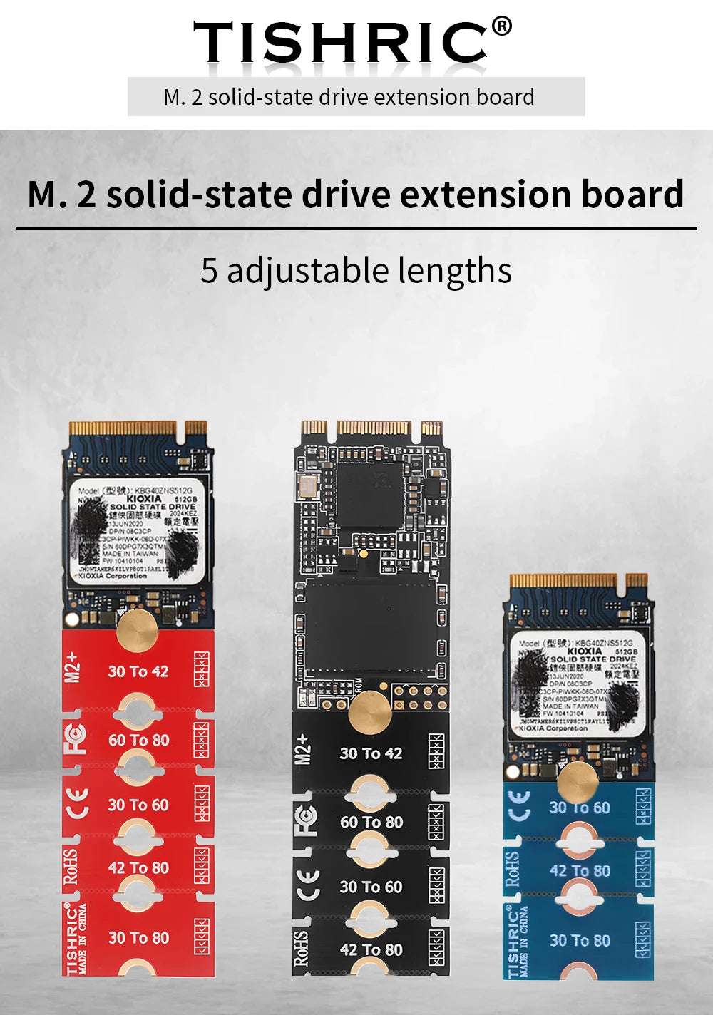 TISHRIC M.2 NGFF NVME SSD Extension Board Adapter 2230 2242 2260 2280 M2 Length Extend Adapter Bracket Card 5 Adjustable Lengths