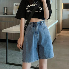 Deep Blue Denim orts Women's High Waist Straight Leg Five-Quarter Length Summer Casual Student Faion Hong Kong Sle Design