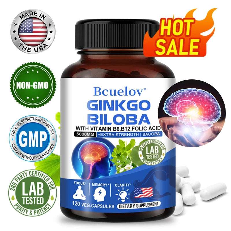 Ginkgo Biloba Capsules Memory Support Supplement, Brain Function & Mental Alertness, Focus, Concentration, with Vitamin B6 B12