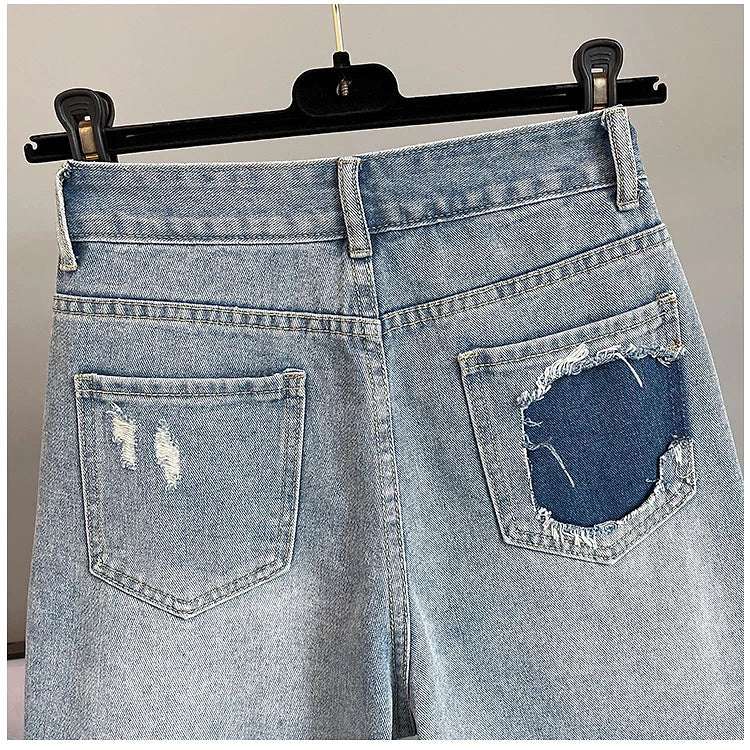 High Waist Loose Fit  Diamond Embellied Denim Five-Point Pants Summer New Sle Women's Trendy Hole Punch Jeans