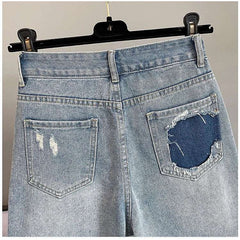 High Waist Loose Fit  Diamond Embellied Denim Five-Point Pants Summer New Sle Women's Trendy Hole Punch Jeans