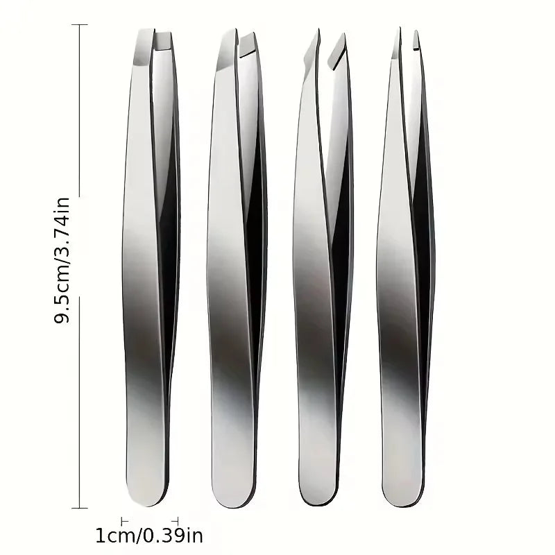 4 pcs Tweezers Set - Professional Tweezers For Eyebrows - Great Precision For Facial Hair, Splinter And Ingrown Hair Removal Wit