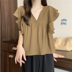 Ele Summer New Sle Women's irt Beautiful Soft Korean Sweet Fly Sve V-ne Top Polyester Fiber Casual Faion