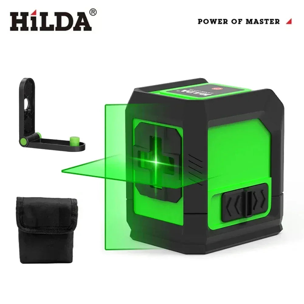 HILDA 360 laser level meter with green cross beam and black storage pouch