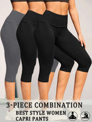 3 Pack Women's High Waisted Capri Super Soft Tummy Control No See Through Workout Yoga Running Athletic Push Up Gym Leggings