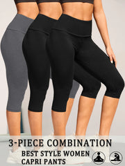 3 Pack Women's High Waisted Capri Super Soft Tummy Control No See Through Workout Yoga Running Athletic Push Up Gym Leggings