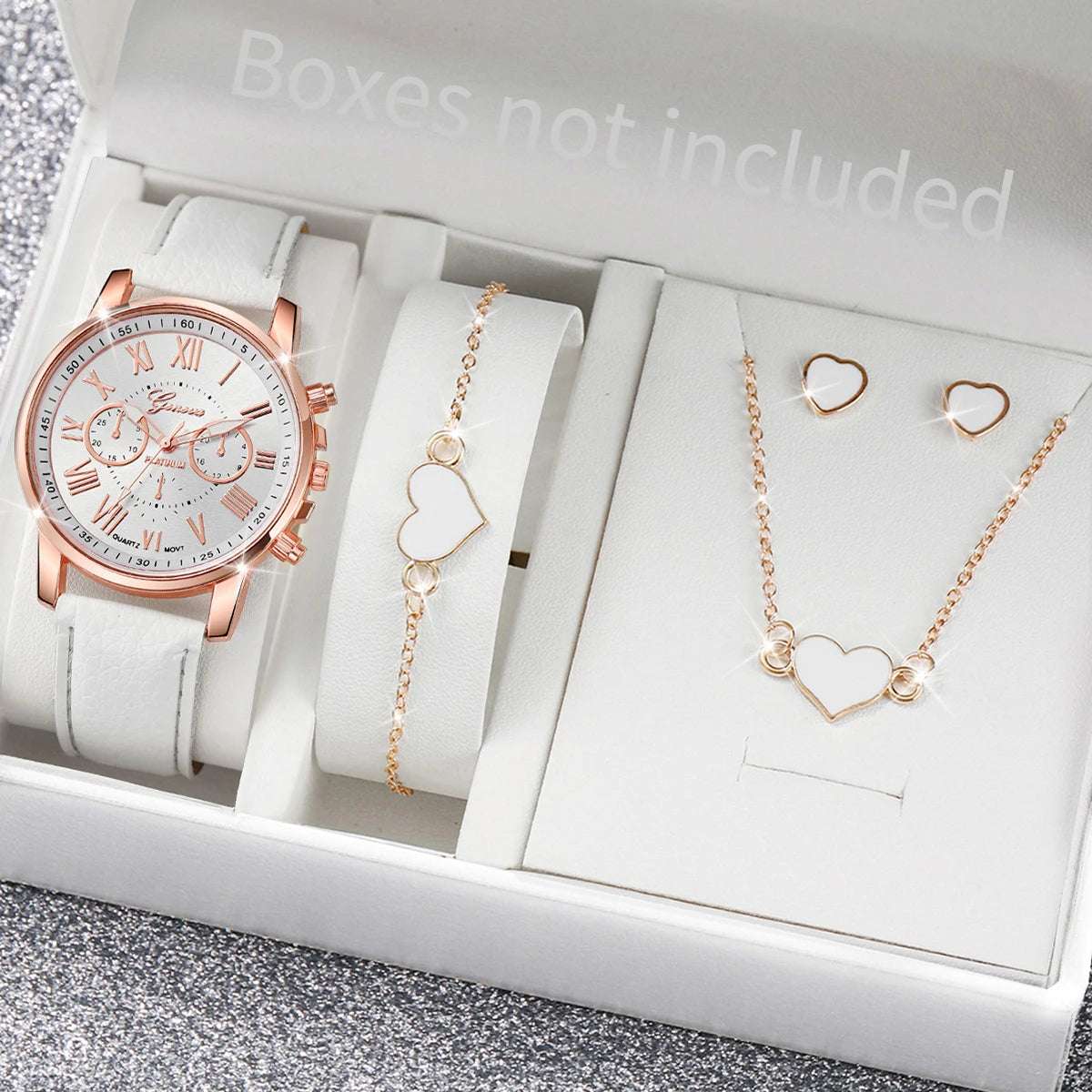 5/6PCS Fashion Women's Quartz Watch Leather Band Analog Wrist Watches Heart Rhinestone Jewelry Set(Without Box)