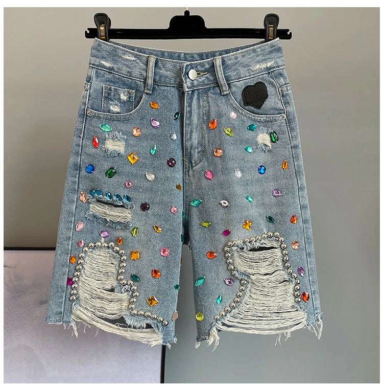 High Waist Loose Fit  Diamond Embellied Denim Five-Point Pants Summer New Sle Women's Trendy Hole Punch Jeans