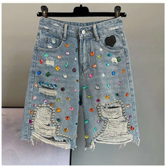 High Waist Loose Fit  Diamond Embellied Denim Five-Point Pants Summer New Sle Women's Trendy Hole Punch Jeans