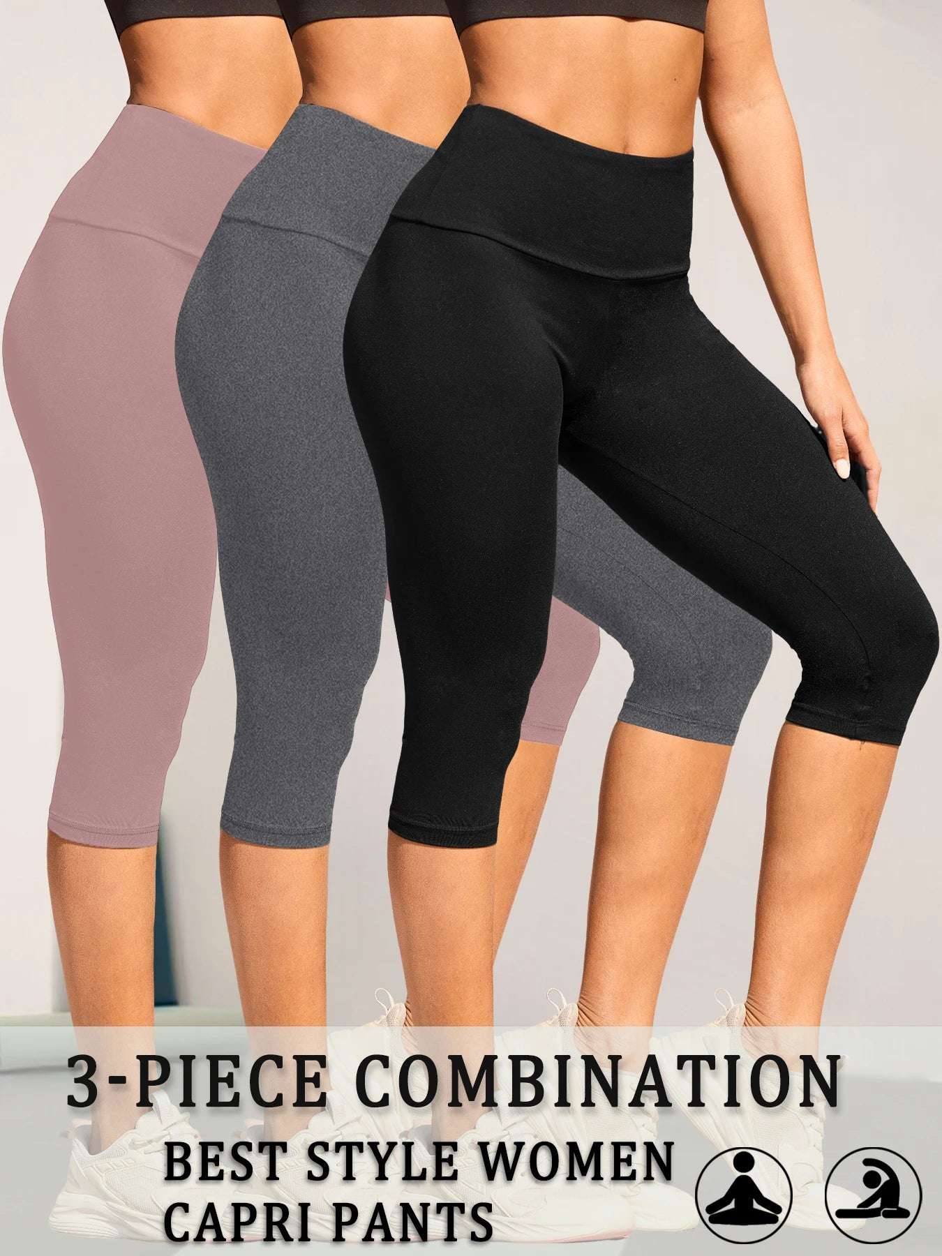3 Pack Women's High Waisted Capri Super Soft Tummy Control No See Through Workout Yoga Running Athletic Push Up Gym Leggings