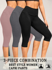 3 Pack Women's High Waisted Capri Super Soft Tummy Control No See Through Workout Yoga Running Athletic Push Up Gym Leggings