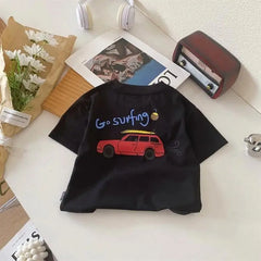 Child Short Sleeve Bottoming Shirt Cartoon Car Print Tops Solid Color Fashion Casual Wear 0-6Age Boys Summer Trendy Clothing
