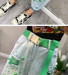 High Waist Skinny Jeans Women's Thin Denim Pants Bell Bot Casual Loose Fit Nine-Tenths Length Hole Design Harlan Sle
