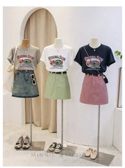 Anti-Aging Cartoon Print ort Sve Women's T-irt Loose Fit Summer Casual round Ne oulder Appropriate Outerwear