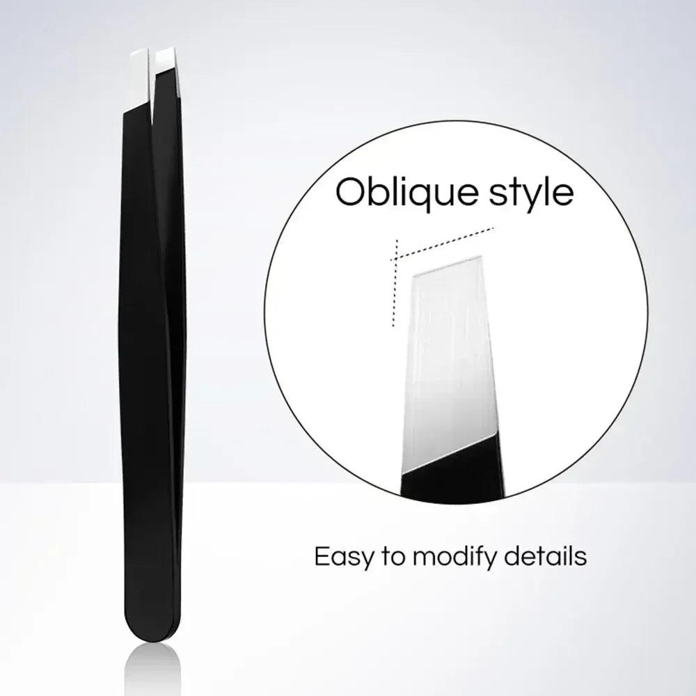 Black stainless steel eyebrow tweezer with oblique angled tip for detail work