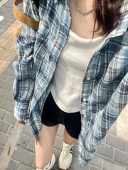 2024 New Blue Plaid irt Jaet Women's Loose Casual Meat Covering Middle Length irt Outerwear Trendy Forest System