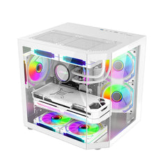 علبة كمبيوتر سطح المكتب Power Train Star Realm M-ATX بدون أعمدة، زجاج ثلاثي الجوانب، إطلالة بانورامية على البحر، غرفة 240، تبريد مائي