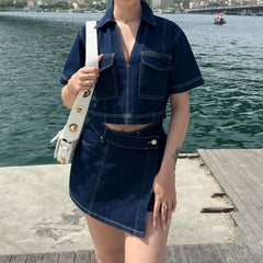 Women’s 2 Piece Denim Outfits Set Short Sleeve Lapel Neck Cropped Jean Pullover Tops + Button High Waist Asymmetrical Shorts