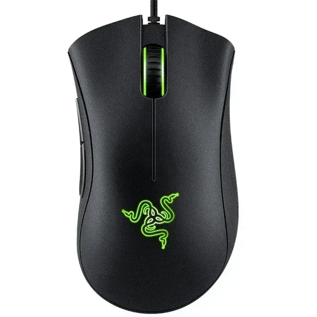 Wired gaming mouse, black matte finish with green logo and textured scroll wheel
