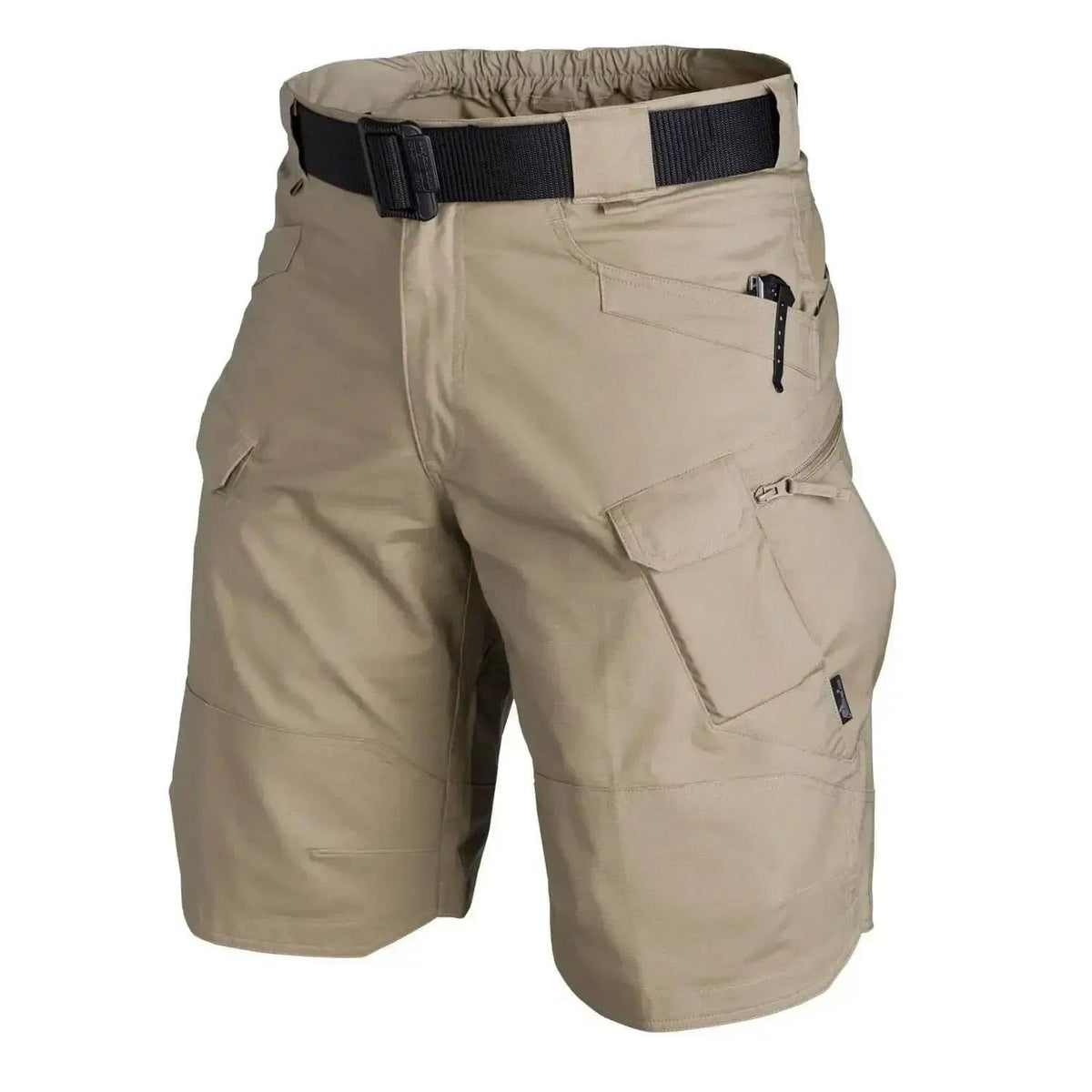 Men's cargo tactical shorts, beige with elastic waistband and side cargo pocket