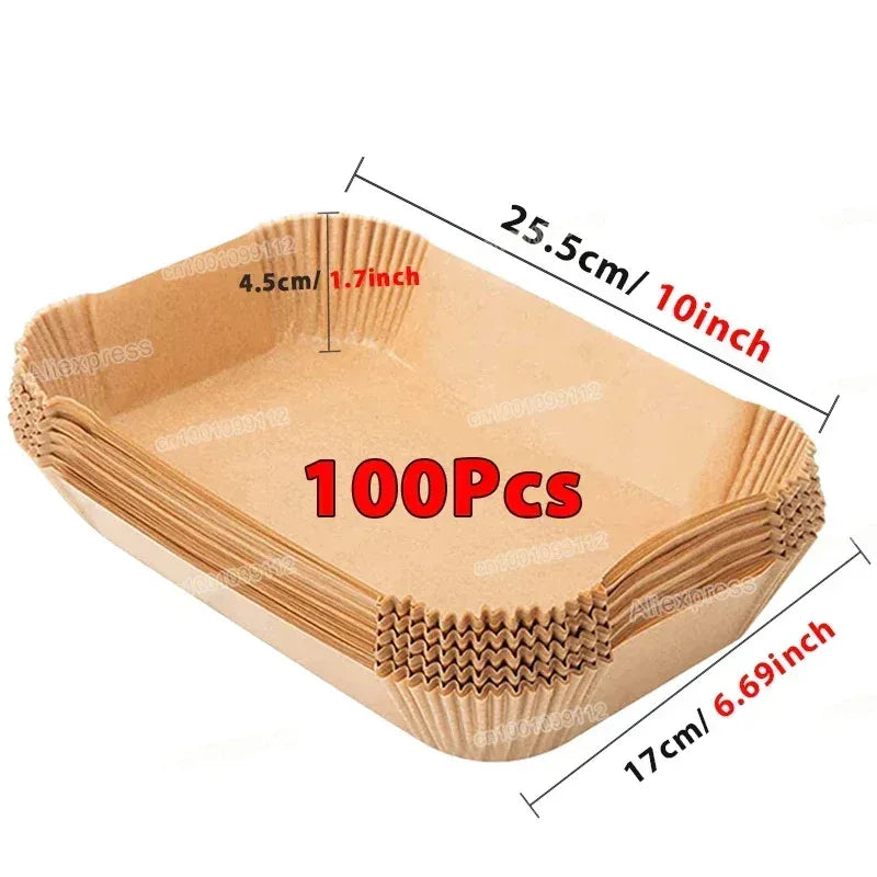 Rectangular brown air fryer paper liner tray with ribbed edges, 100pcs, 25.5cm x 17cm