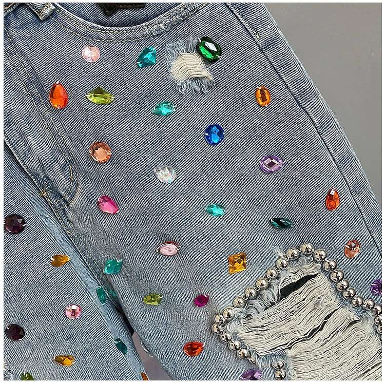 High Waist Loose Fit  Diamond Embellied Denim Five-Point Pants Summer New Sle Women's Trendy Hole Punch Jeans