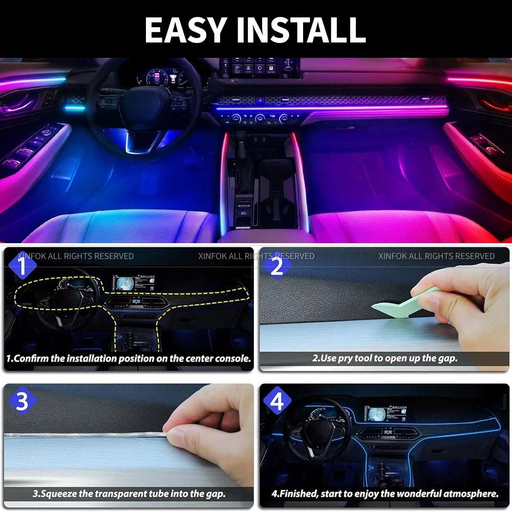Car LED Ambient Light 64 Color Acrylic Strips 110cm Full Colors RGB Car Interior Hidden App Remote Control Atmosphere Lamp