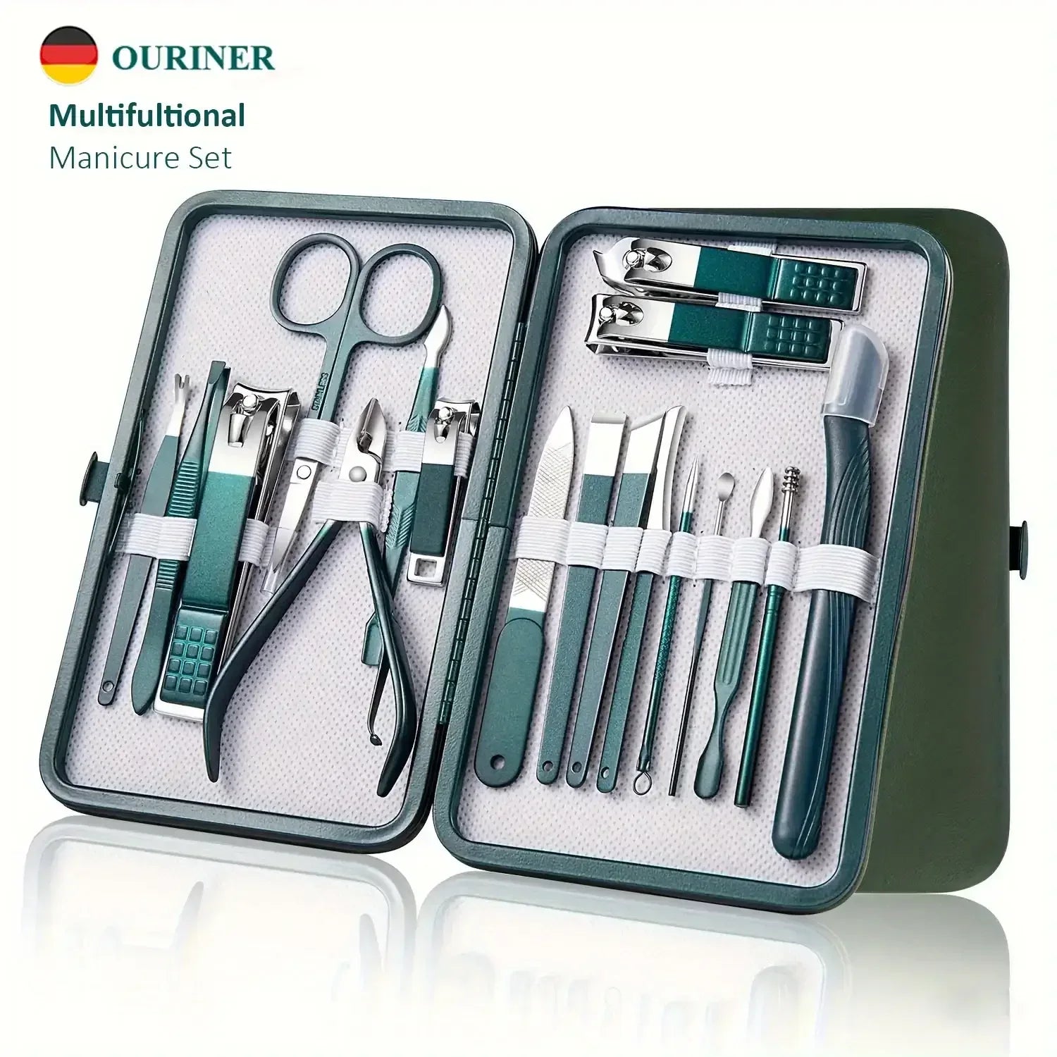 Nail care tool set in open travel case with stainless clippers, scissors, and nail files