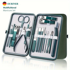Nail care tool set in open travel case with stainless clippers, scissors, and nail files