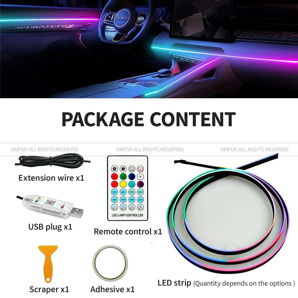 Car LED Ambient Light 64 Color Acrylic Strips 110cm Full Colors RGB Car Interior Hidden App Remote Control Atmosphere Lamp
