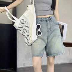 Denim Pants with Side Pockets Vintage High Waist Denim Shorts for Women Wide Leg Streetwear Jeans with Button Closure Zipper